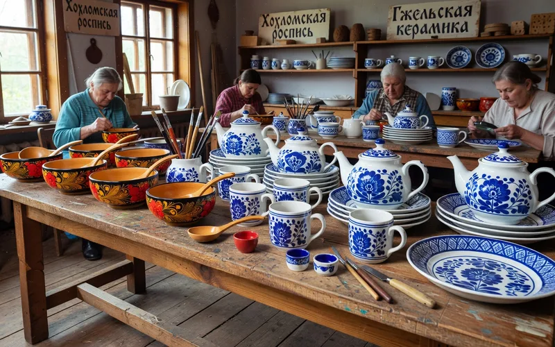 Les quatre grands styles d'artisanat russe : khokhloma, Gzhel, Palekh et Jouil reunis