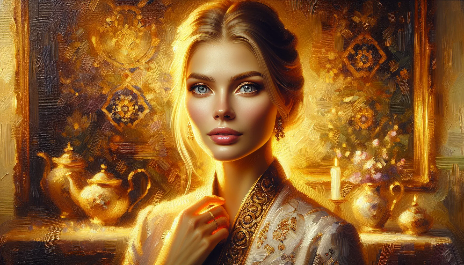 Portrait artistique d'une femme slave aux pommettes hautes et aux yeux clairs illustrant les canons de beaute slave