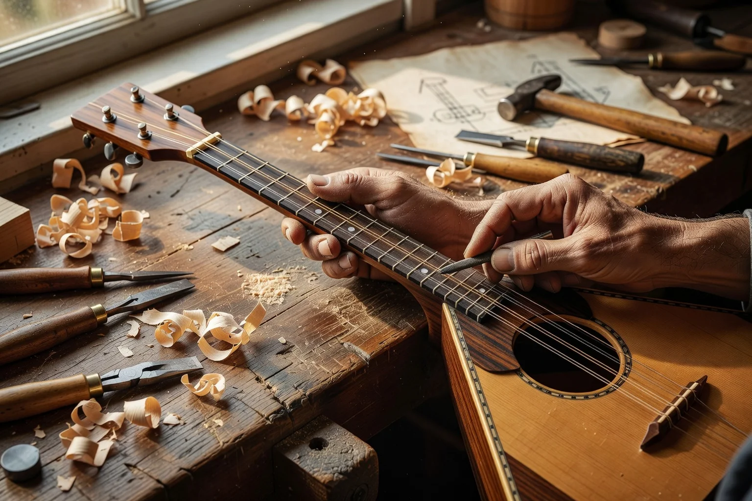 Luthier Sergei Livanov examinant une balalaïka prima en tilleul dans son atelier moscovite