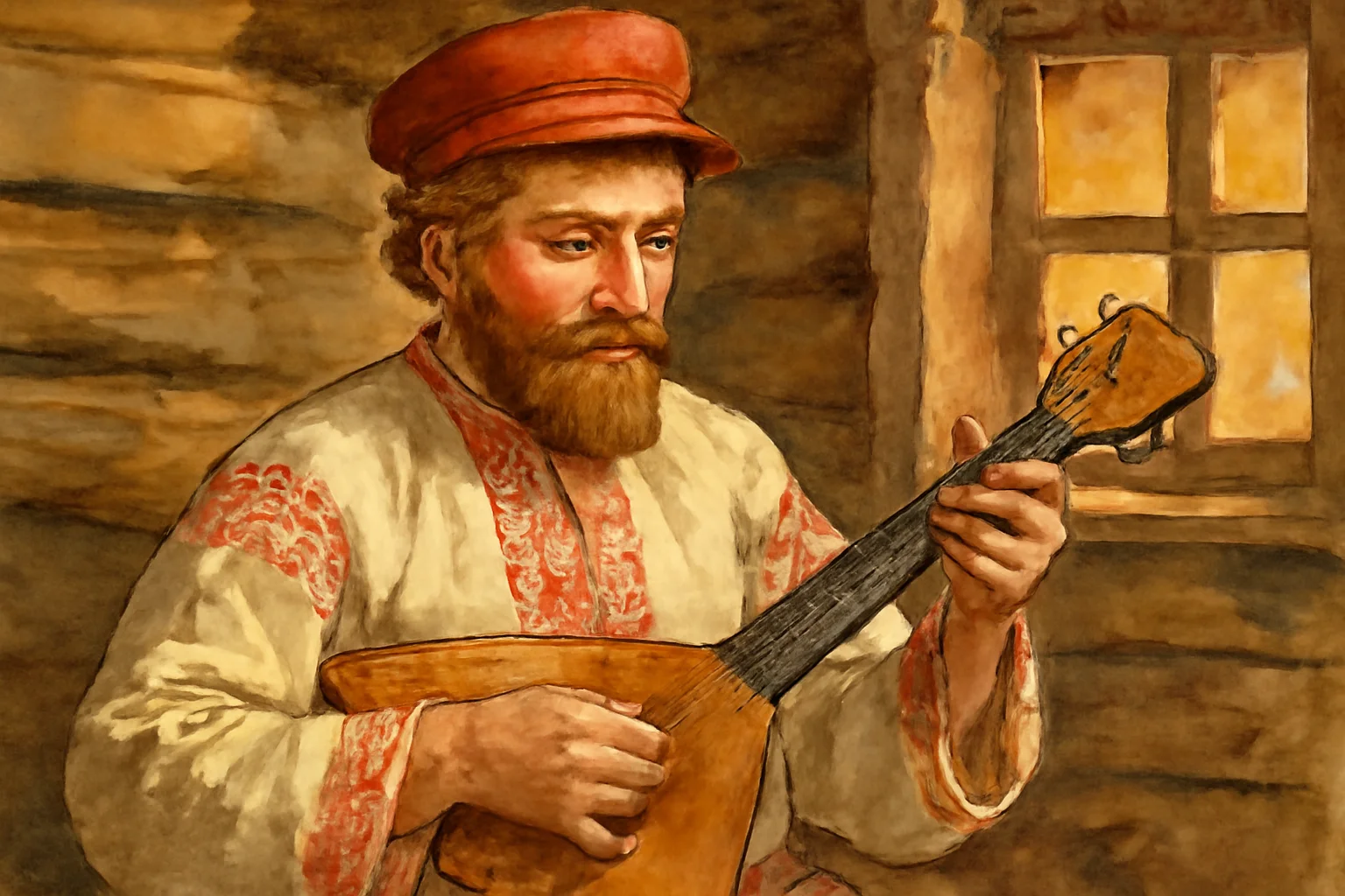 Musicien russe en chemise brodée jouant de la balalaïka pour accompagner des chastouchki