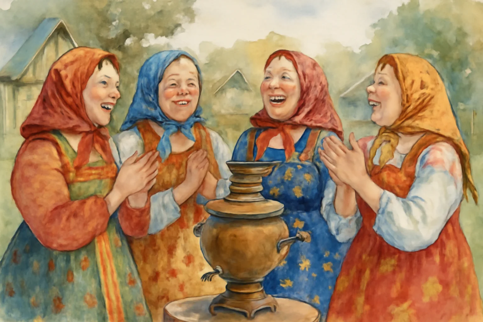 Groupe de femmes russes en costumes traditionnels chantant et riant autour d'un samovar