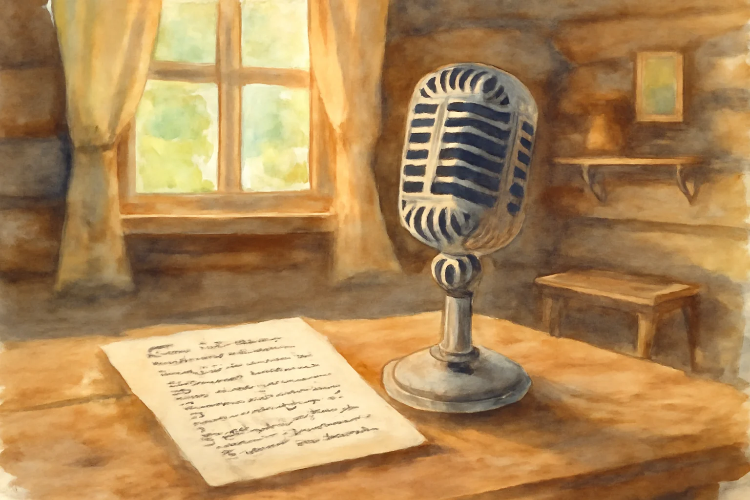 Vieux micro et feuille manuscrite de couplets de chastouchki poses sur une table en bois