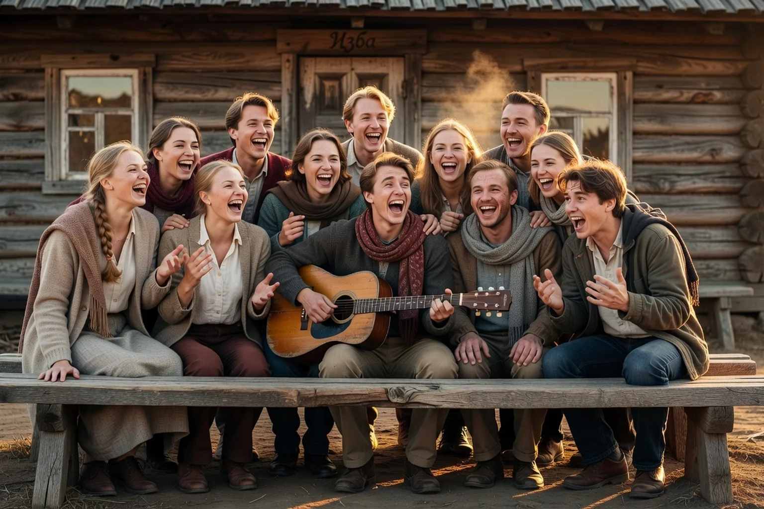 Groupe de jeunes gens chantant ensemble sur un banc de bois devant une isba, l'un accompagnant à la guitare lors d'une veillée