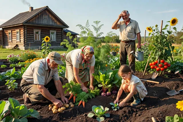 Potager d'une datcha russe avec ses rangées de légumes et sa cabane en bois