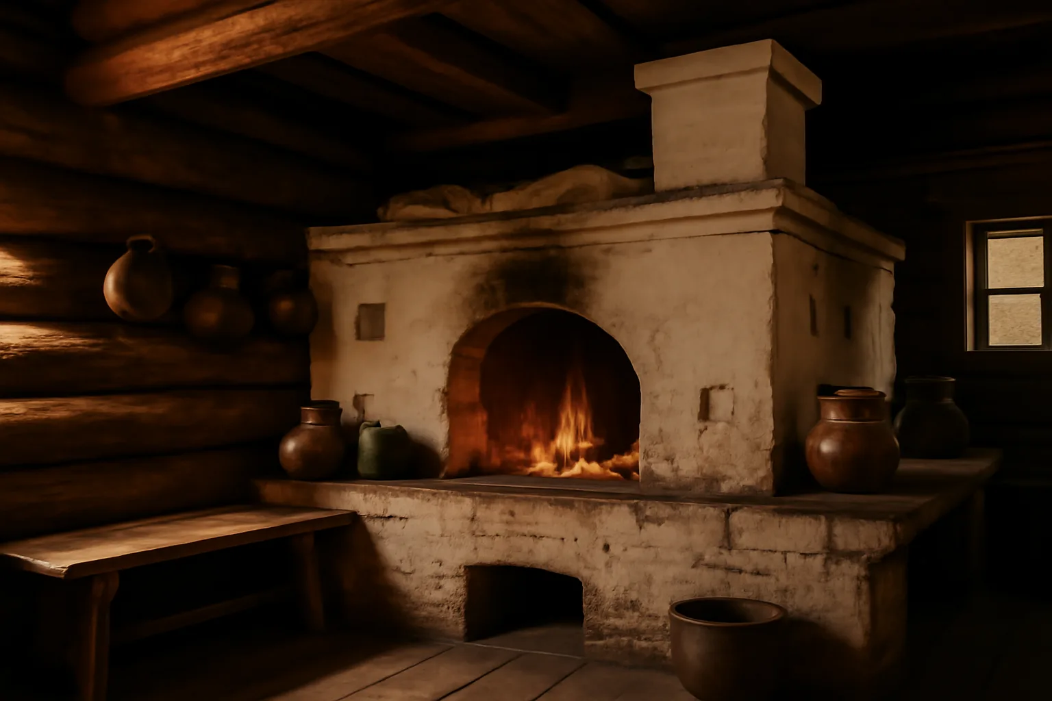 Intérieur d'une isba russe traditionnelle : poêle en brique massif avec feu allumé, murs de rondins de bois, poutres apparentes et poterie de cuivre