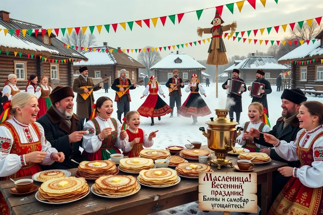 Fête de la Maslenitsa : blinis dorés sur feu de joie, célébration du carnaval slave