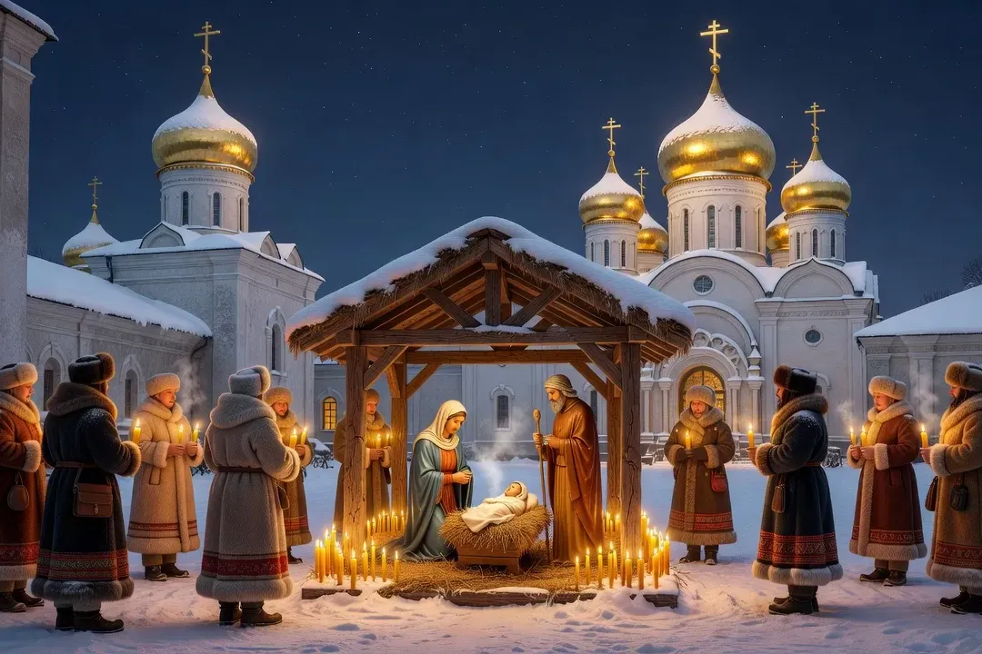 Noël orthodoxe russe : dômes d'or d'une église orthodoxe sous la neige, bougies et Rojdestvo