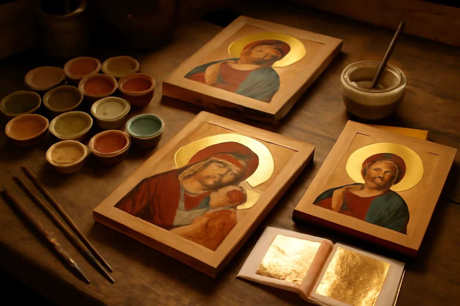 Artisan peignant une icône russe à la tempera sur bois préparé au levkas