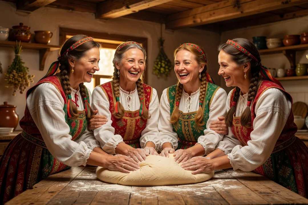 Femmes russes pétrissant ensemble la pâte du karavai en chantant, scène rituelle avant un mariage traditionnel