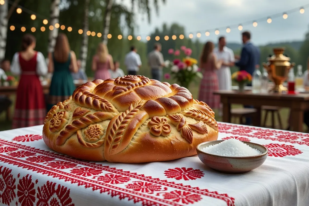 Karavai décoré posé sur une nappe brodée avec du sel, présenté selon le rite d'accueil slave traditionnel
