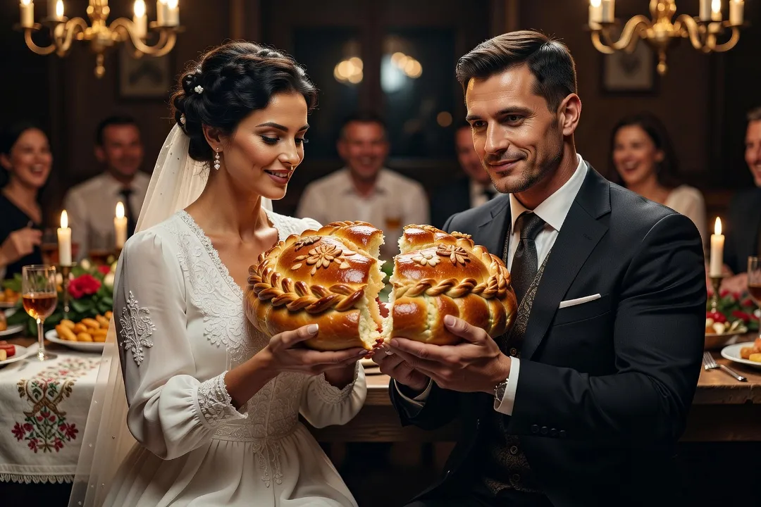 Jeunes mariés rompant à la main un karavai richement décoré lors du repas de noces, moment festif traditionnel russe