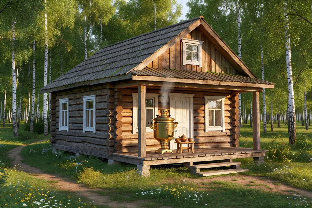Vie quotidienne russe : datcha en été, samovar fumant sur la table, banya au fond du jardin