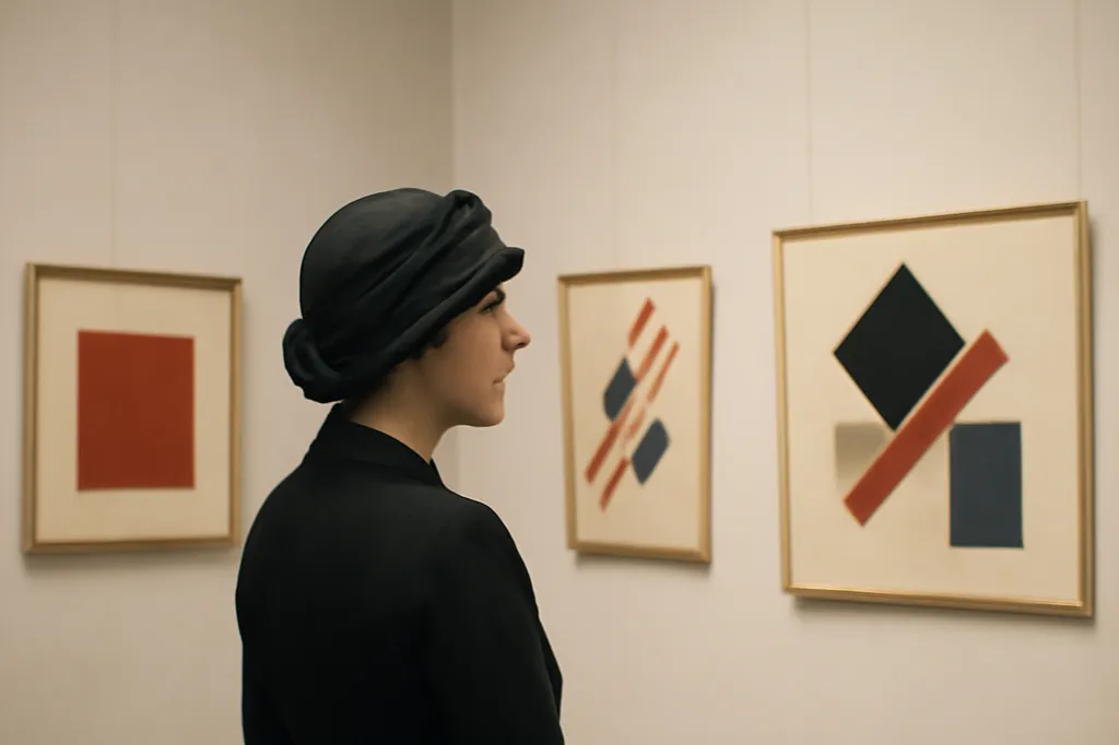 Formes géométriques colorées suspendues sur fond clair, dans l'esprit des compositions suprématistes