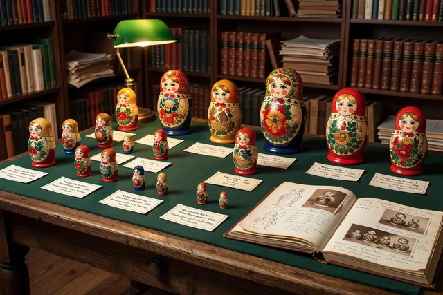Atelier de collectionneur avec matriochkas, catalogue et fiches d'identification