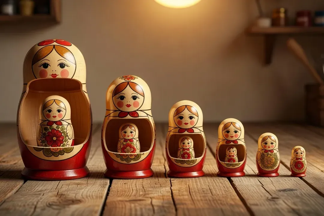 Matriochkas alignées représentant les différentes couches de la psyché, symbolisme psychanalytique de la poupée russe gigogne