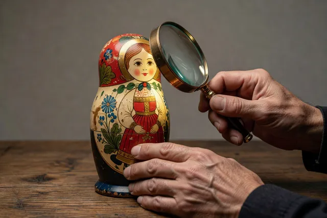 Main d'expert examinant une matriochka ancienne à la loupe pour estimer sa valeur