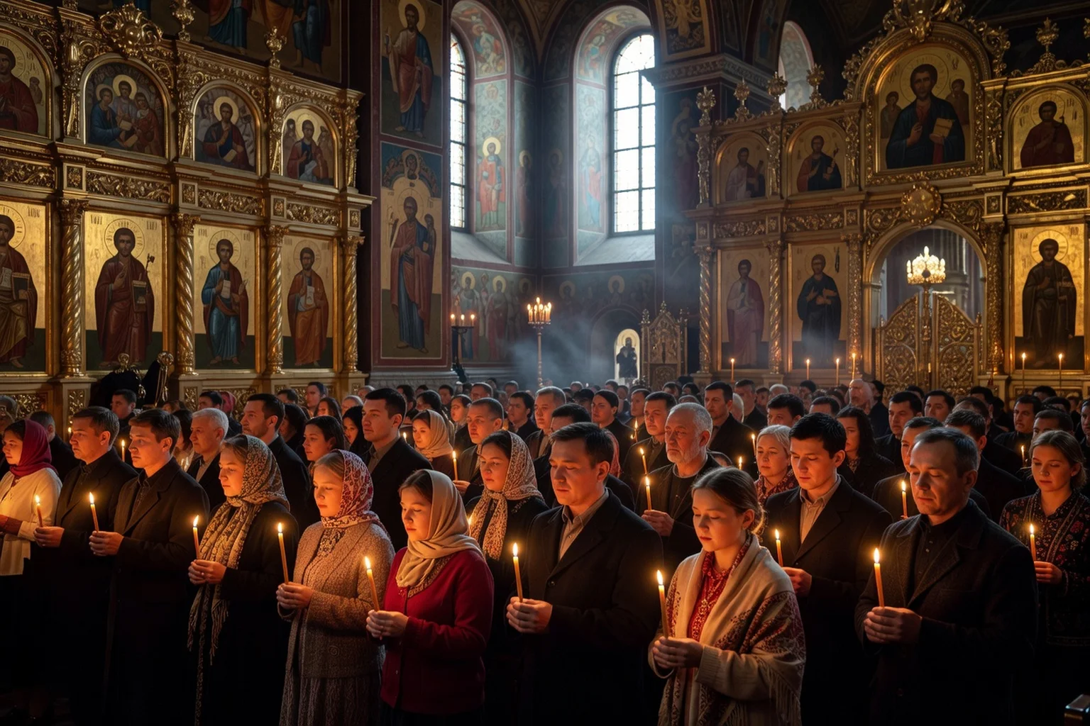 Fidèles participant à une veillée de Pâques orthodoxe russe avec cierges et paniers de nourriture