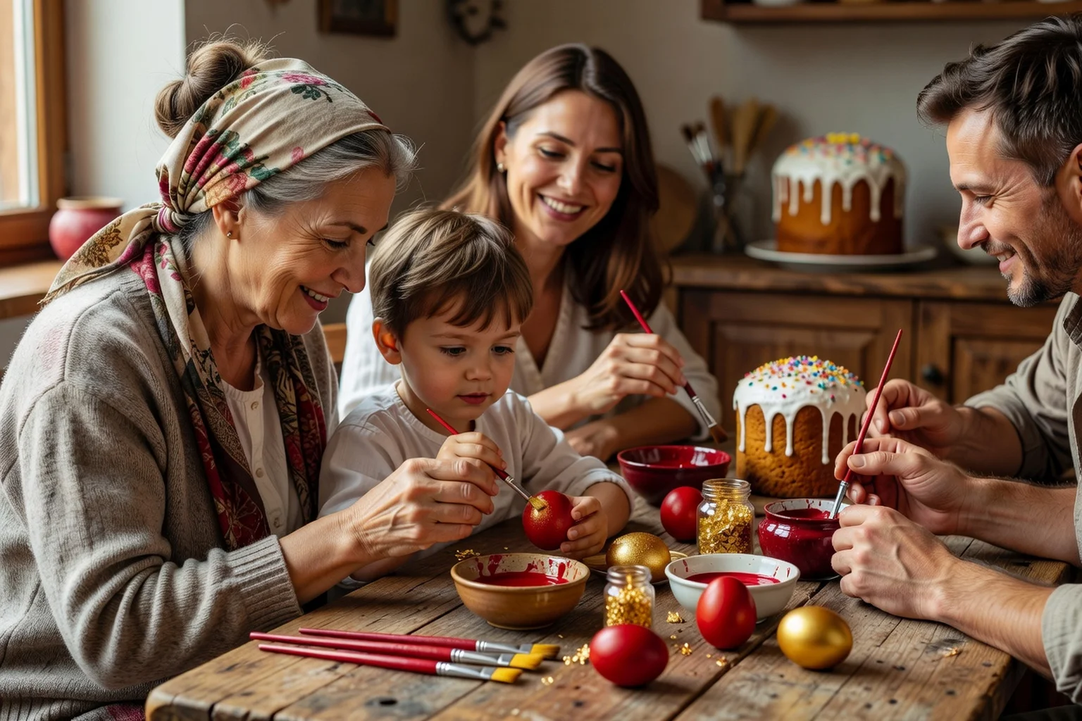 Table familiale russe de Pâques avec koulitch glacé, œufs rouges et paskha au fromage frais