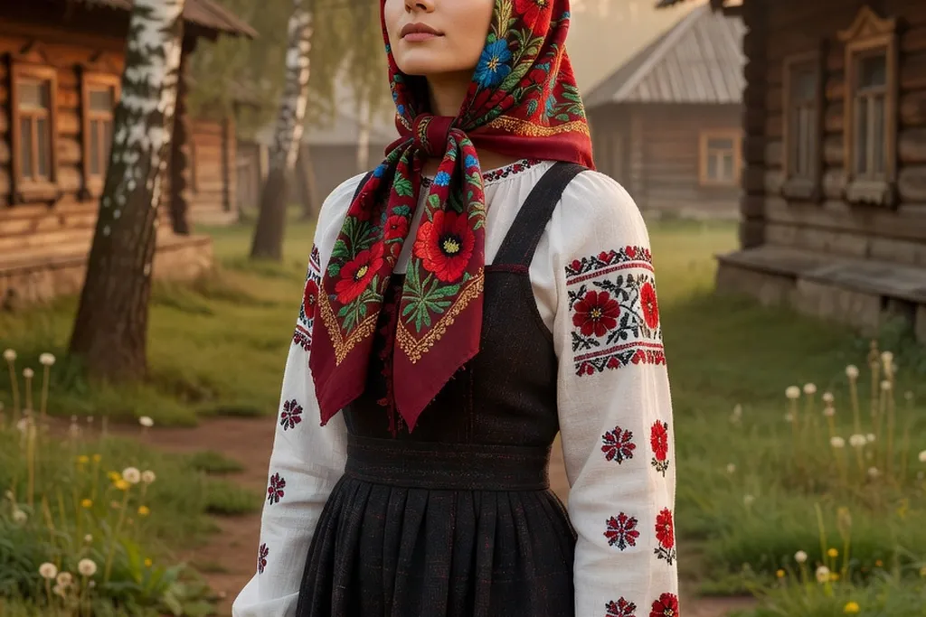Jeune femme slave portant un foulard brodé traditionnel russe, tenue folklorique
