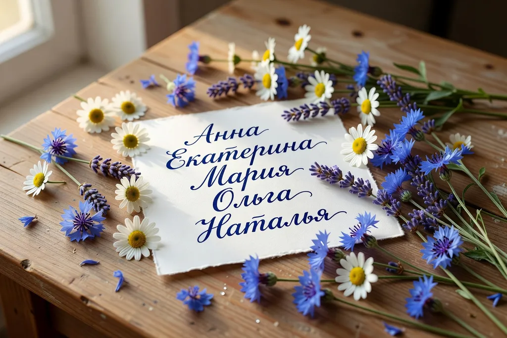 Prénoms féminins russes calligraphiés à la main en cyrillique, fleurs sauvages et composition artistique