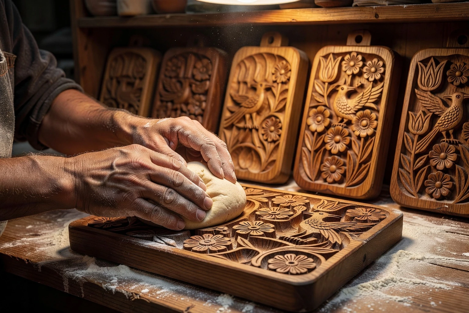 Mains d'un artisan russe pressant une pâte au miel dans un moule en bois sculpté de motifs floraux et d'oiseaux, farine sur l'établi, autres moules gravés en arrière-plan