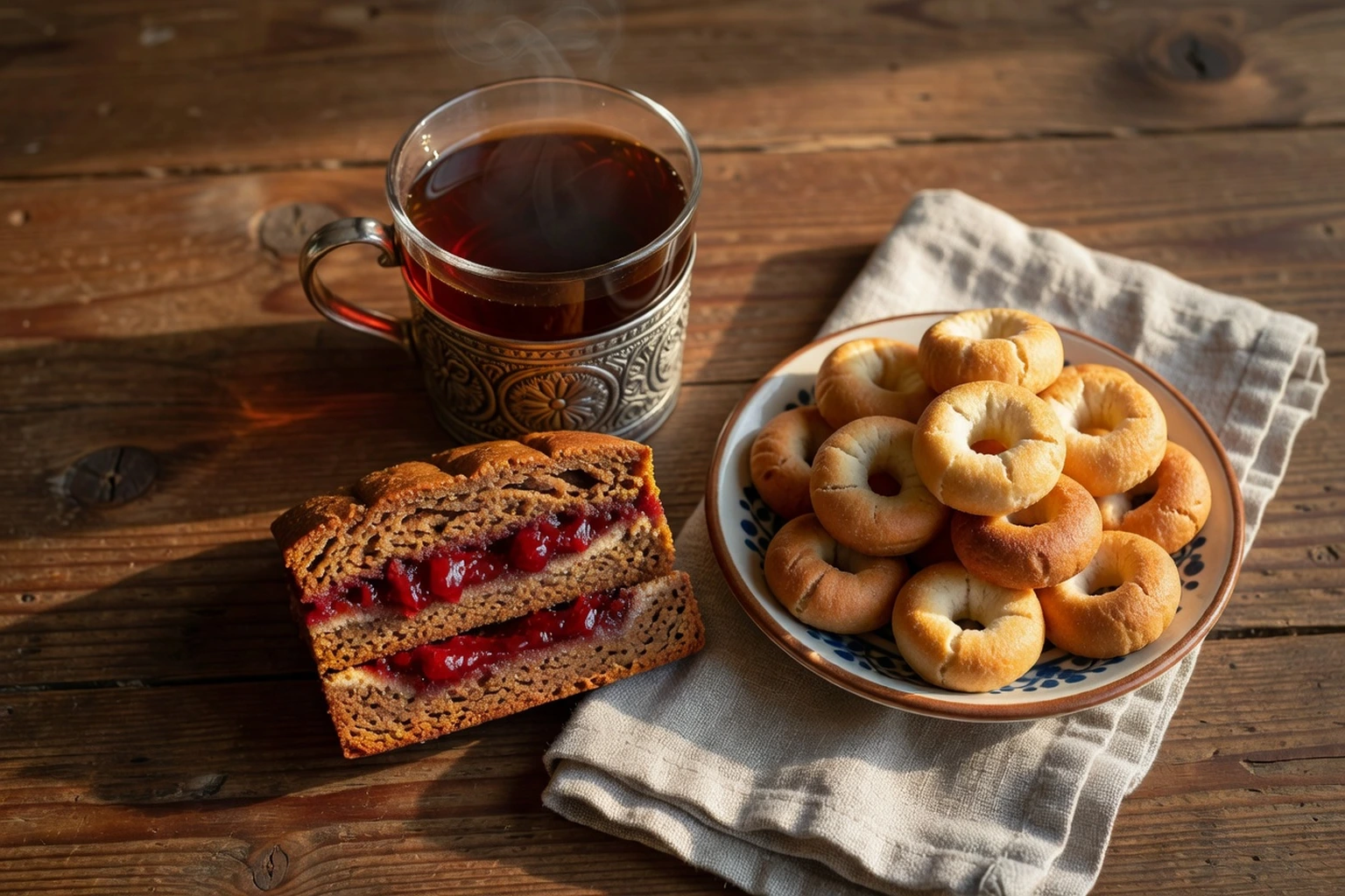 Table de thé russe vue de dessus : pryanik de Toula coupé montrant sa garniture de confiture rouge, verre de thé noir dans un podstakannik en argent et petits anneaux sushki sur une assiette