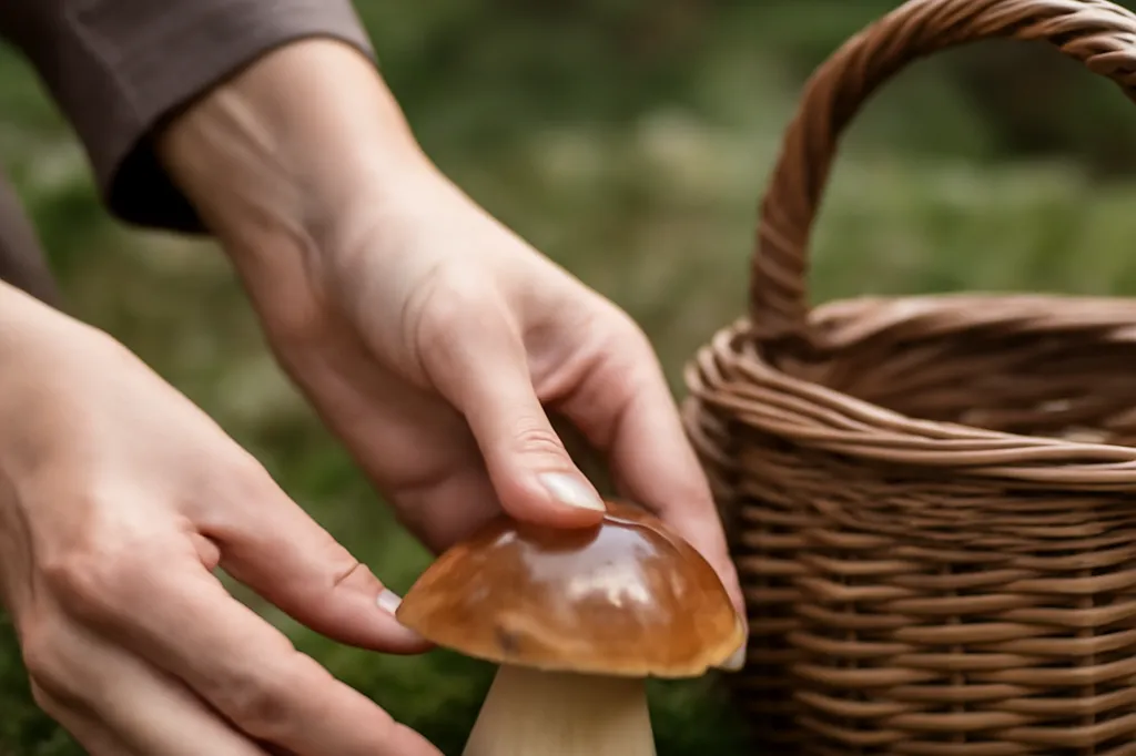 Cueilleuse russe en forêt inspectant un cèpe trouvé sous les feuilles, panier en osier à la main