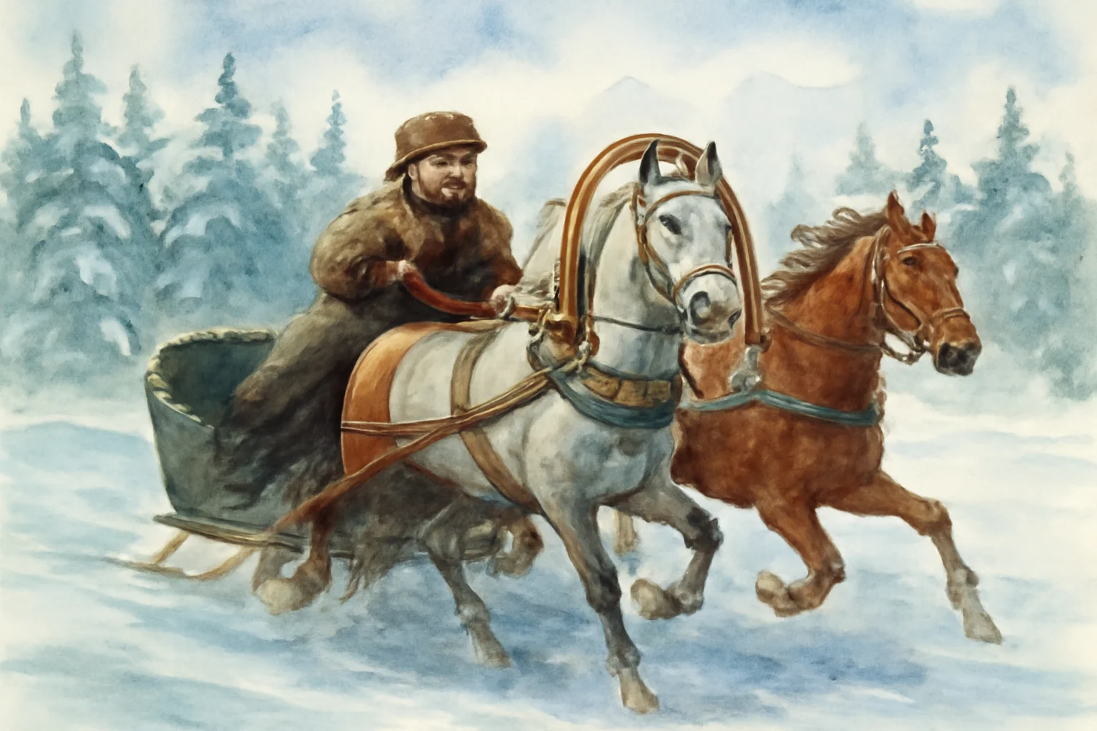 Cocher russe en habit d'hiver guidant une troïka a travers un paysage enneige