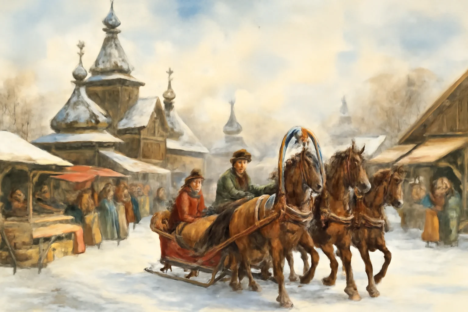 Foire hivernale russe du XIXe siecle avec une troika et une eglise en bois enneigee