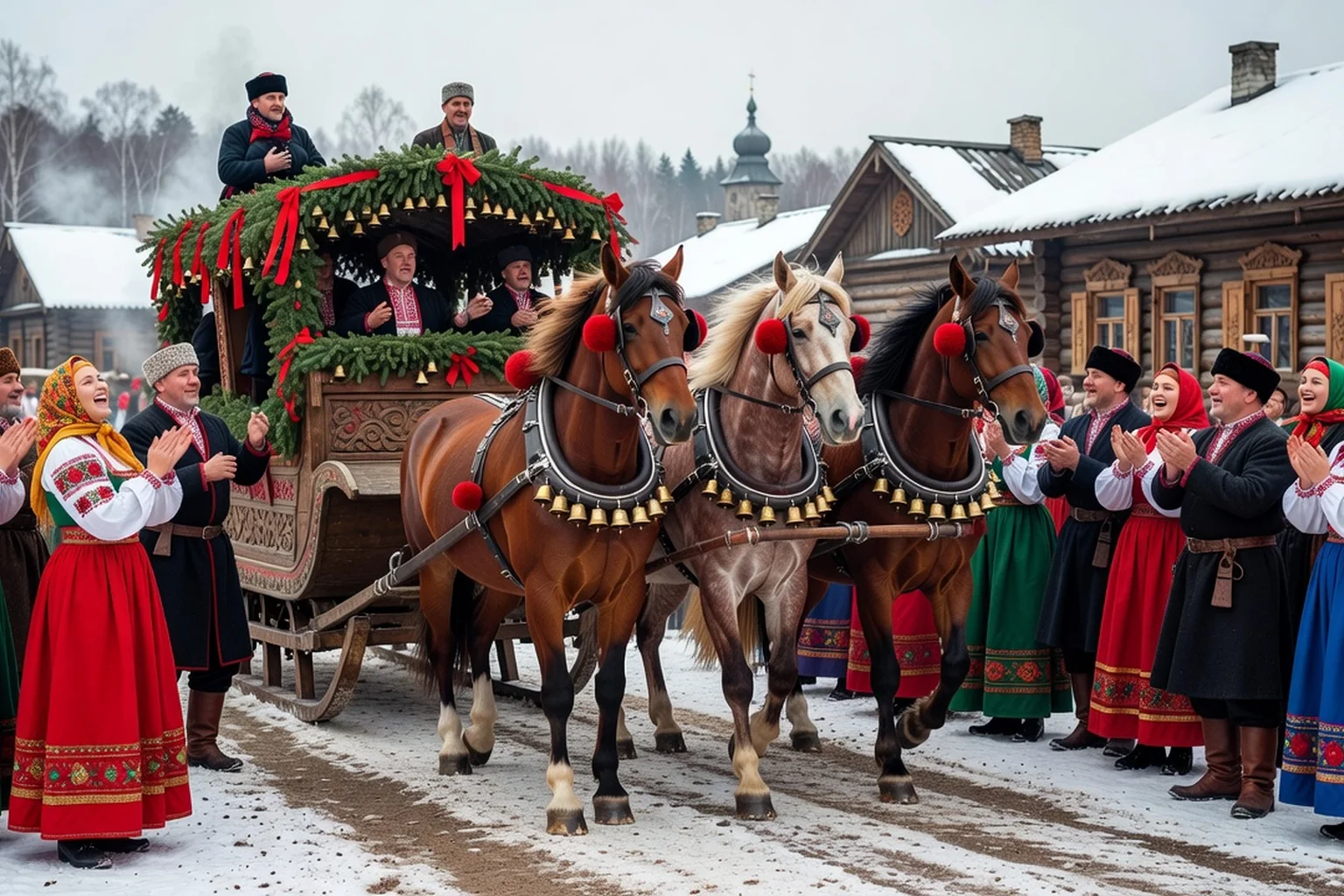 Troïka décorée menée à vive allure lors d'une fête populaire russe en hiver, sous des flocons de neige