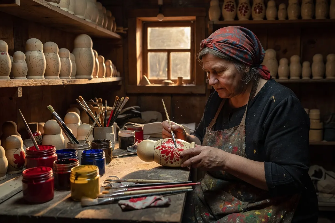 Artisan russe peignant une matriochka traditionnelle dans son atelier