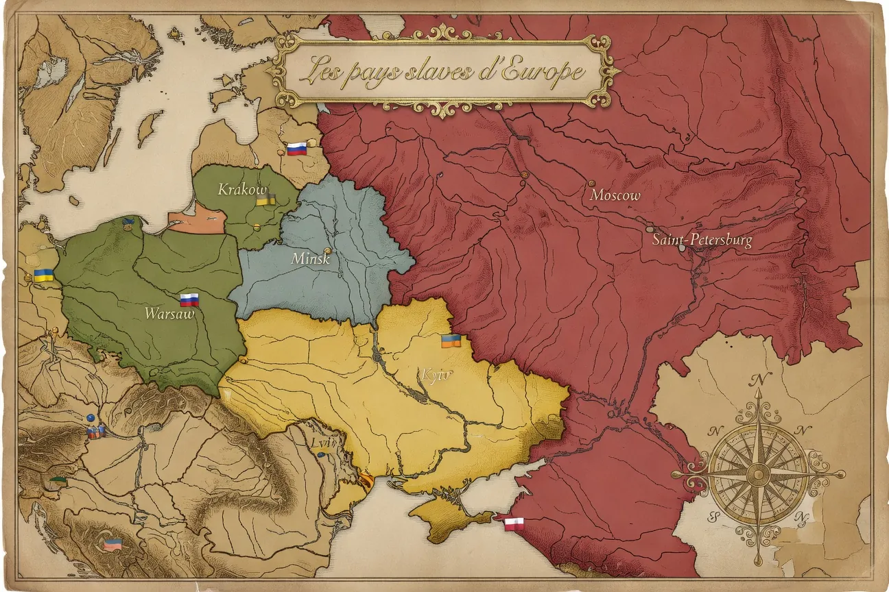 Carte des 4 pays slaves : Russie, Ukraine, Bielorussie, Pologne