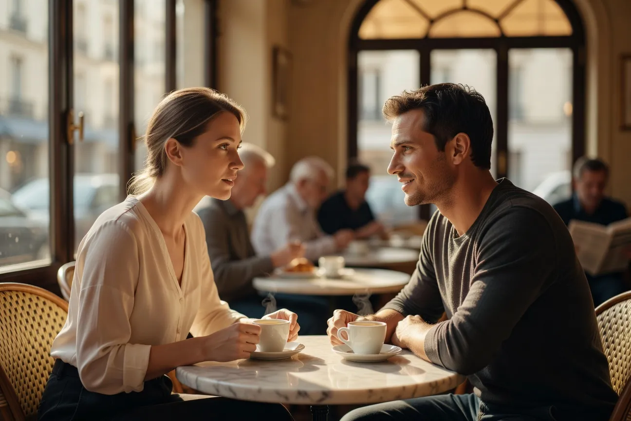 Couple franco-russe en discussion intime dans un cafe parisien