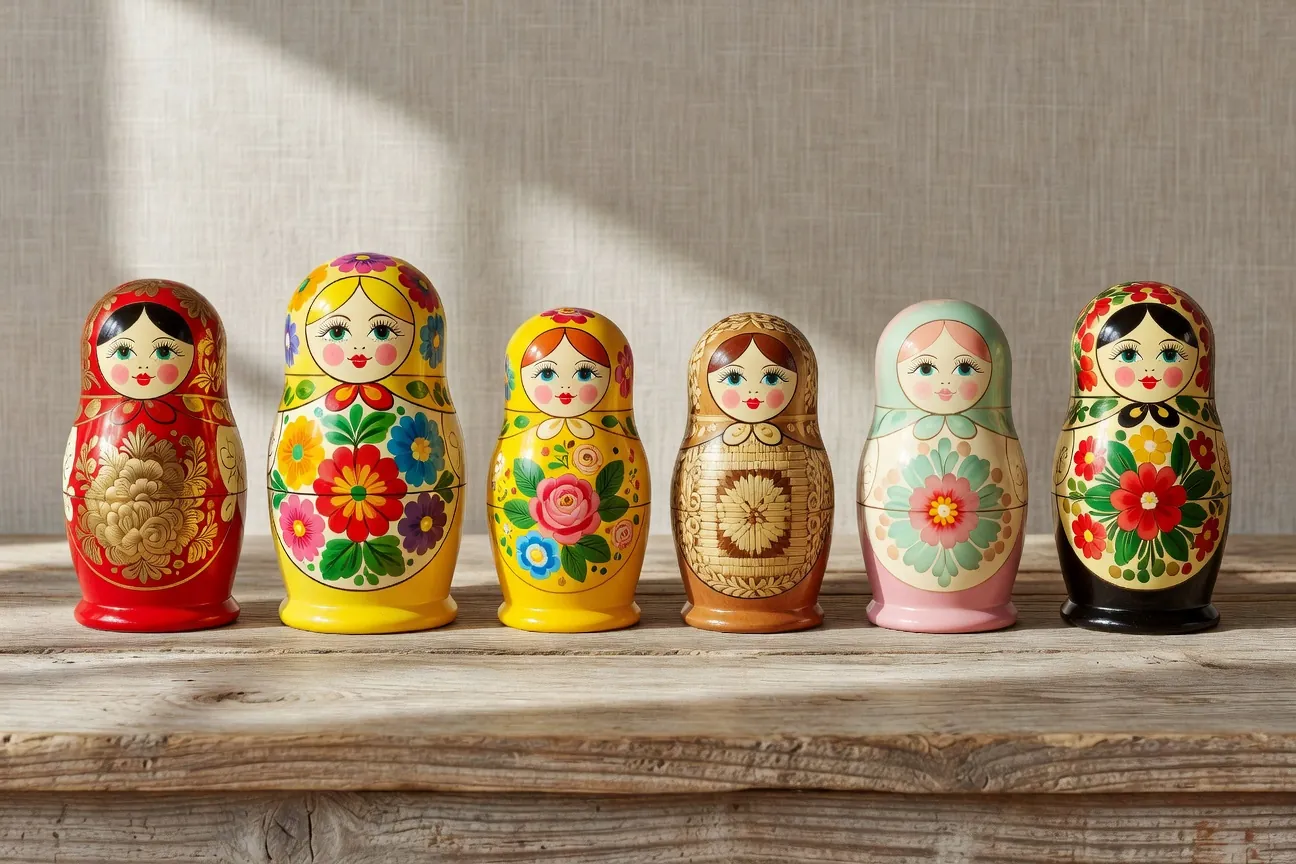 Collection de matriochkas de differents styles regionaux : Sergiev Possad, Polkhov-Maidan, Semionov