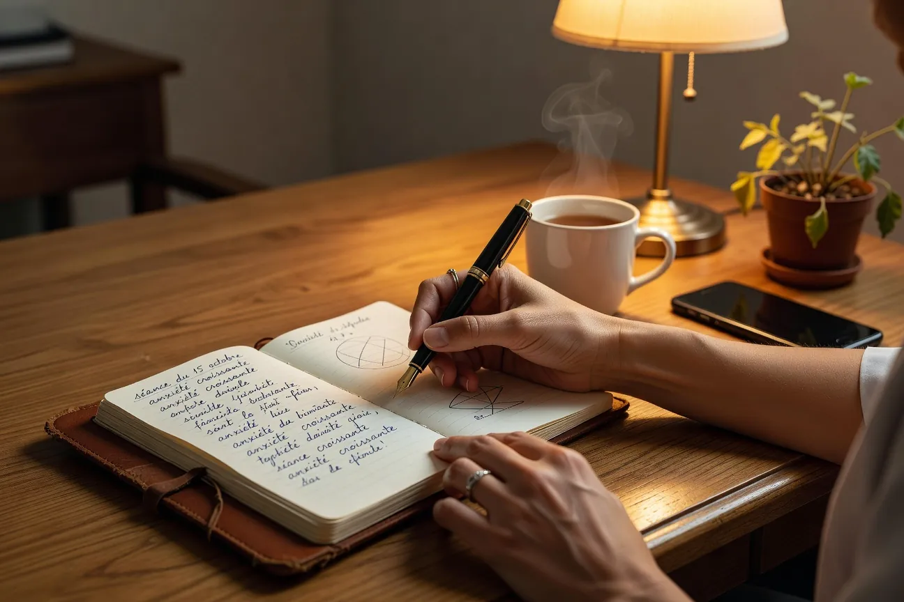 Mains de la psychologue prenant des notes dans son cabinet