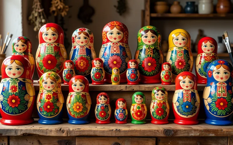 Collection de matriochkas anciennes et contemporaines disposees sur une etagere en bois