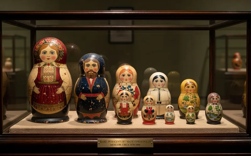 Marche aux puces avec des matriochkas anciennes exposees sur un etal en bois