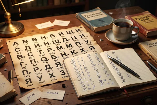 Débutant francophone apprenant l'alphabet cyrillique russe, lettres et cahier d'écriture