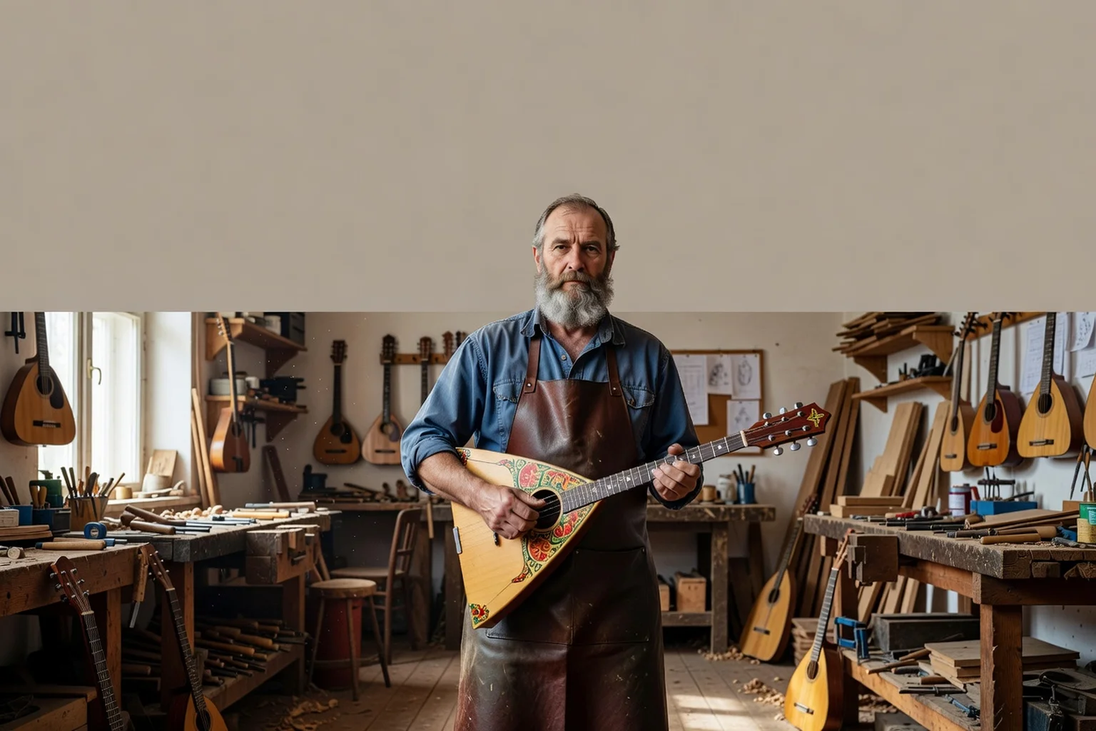 Sergei Livanov, luthier, tenant une balalaïka triangulaire décorée dans son atelier de lutherie