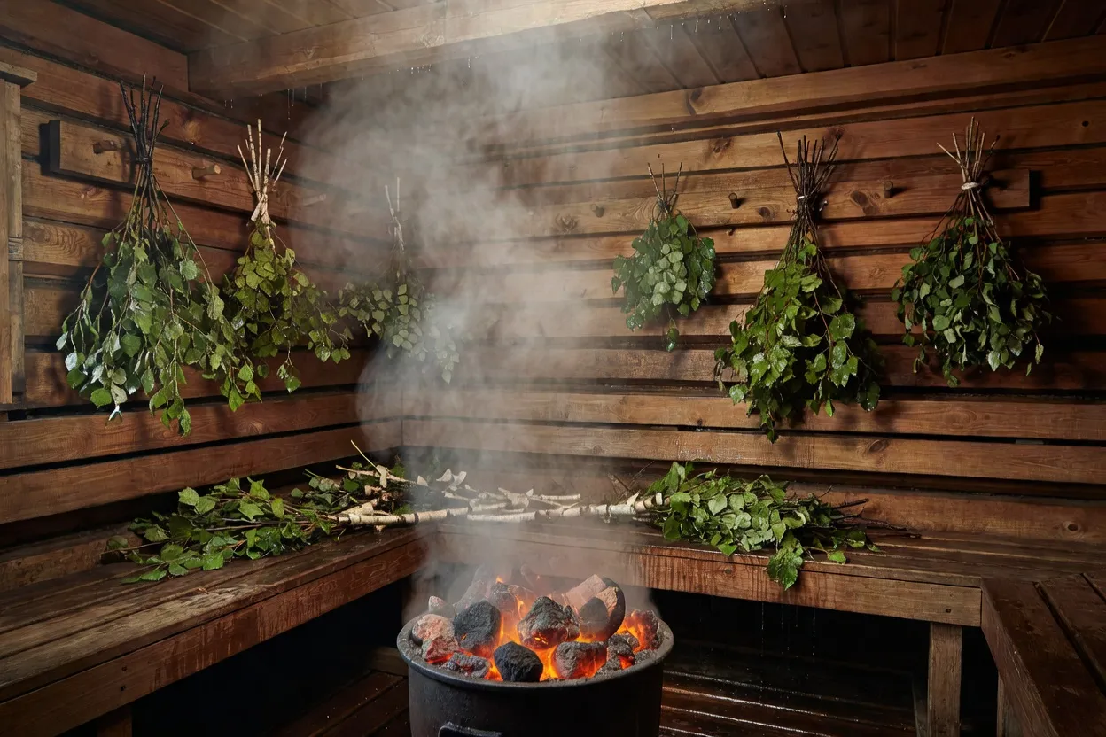 Intérieur en bois d'une banya russe traditionnelle avec pierres chauffées et venik