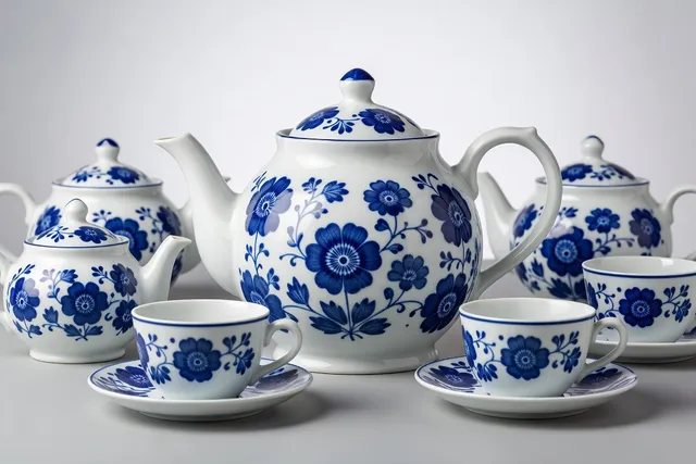 Service à thé en céramique de Gjel au décor bleu cobalt sur fond blanc