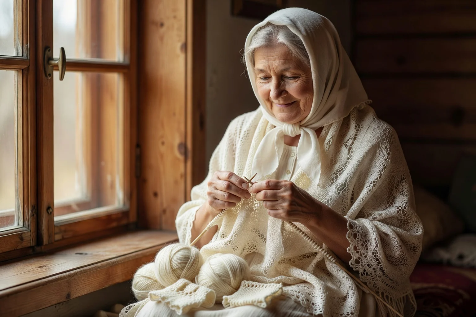 Femme âgée en foulard blanc tricotant un châle dentelle Orenbourg près d'une fenêtre en bois, pelotes de duvet sur ses genoux
