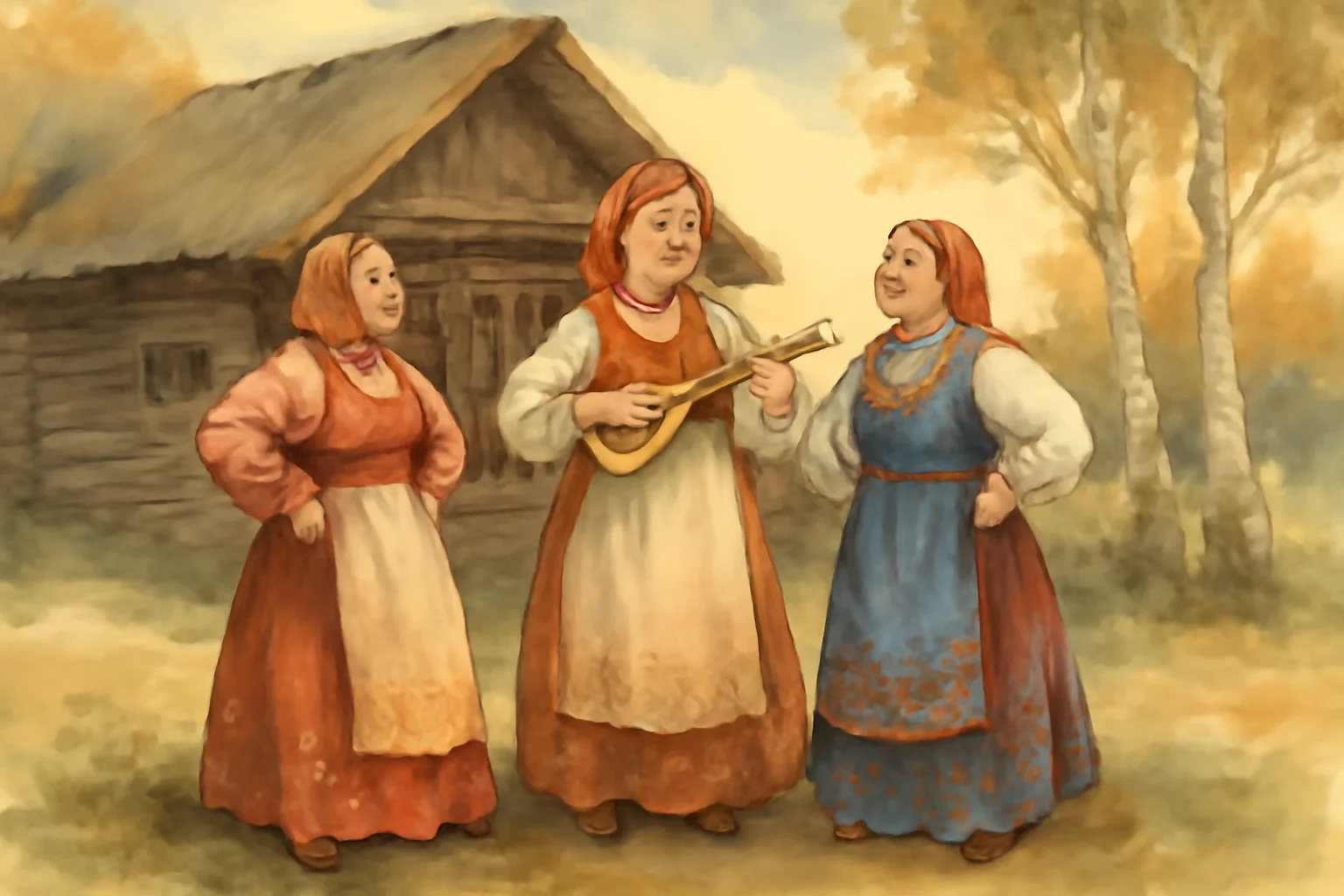 Trois femmes en costumes traditionnels russes chantant des chastouchki pres d'une izba en bois