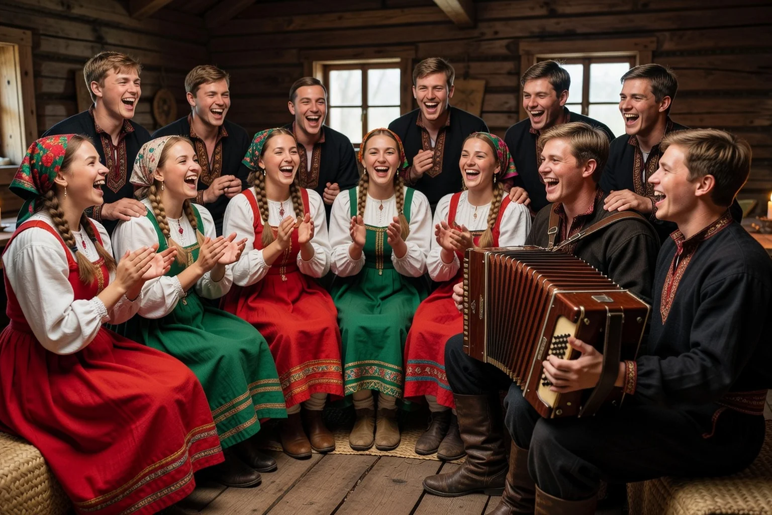 Groupe de jeunes gens en costumes traditionnels russes riant et chantant en cercle, accompagnés d'un accordéoniste lors d'une veillée rustique