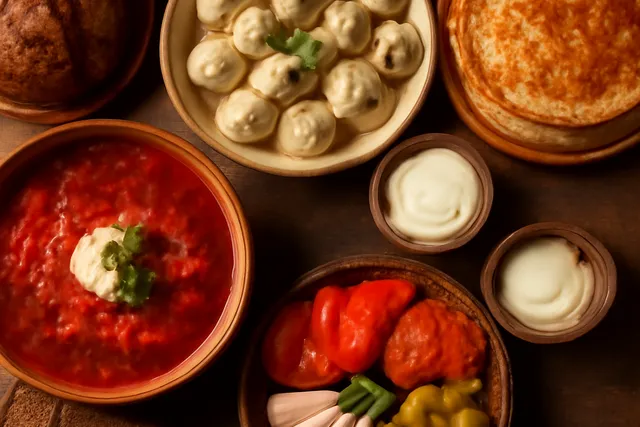 Table de cuisine russe traditionnelle : bortsch, pelmeni, zakouski et pain noir dressés pour un repas de fête