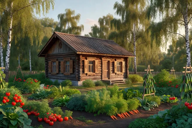 Datcha russe traditionnelle en bois entourée de son jardin sous la lumière d'été