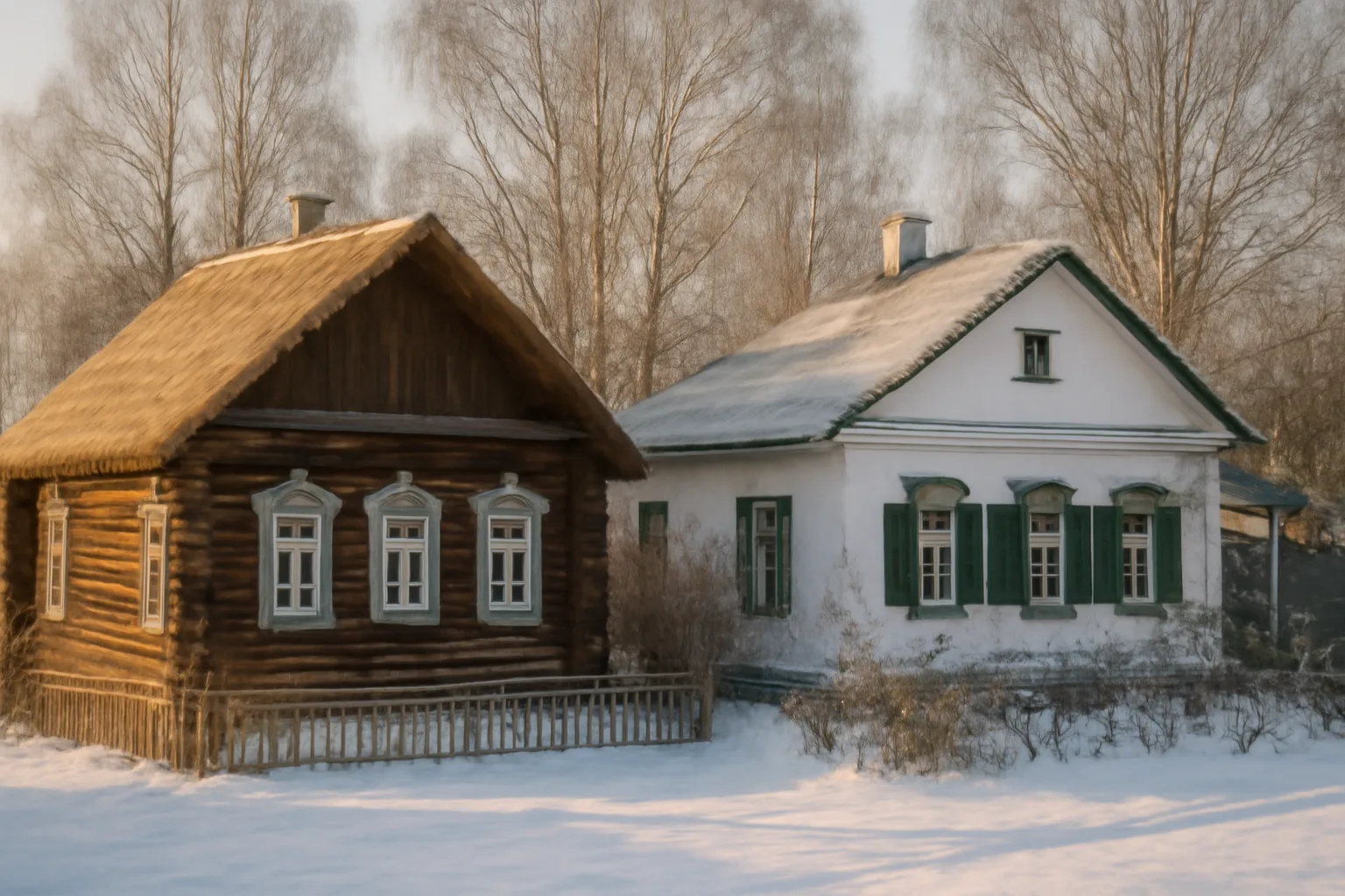 Deux maisons traditionnelles russes côte à côte dans la neige : une isba en rondins de bois sombres au toit doré et une datcha blanche à volets verts