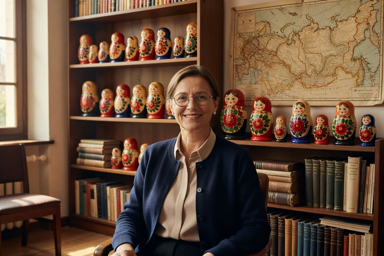 Helene Roux, ethnologue specialiste de l'art populaire russe, dans son atelier (portrait editorial)