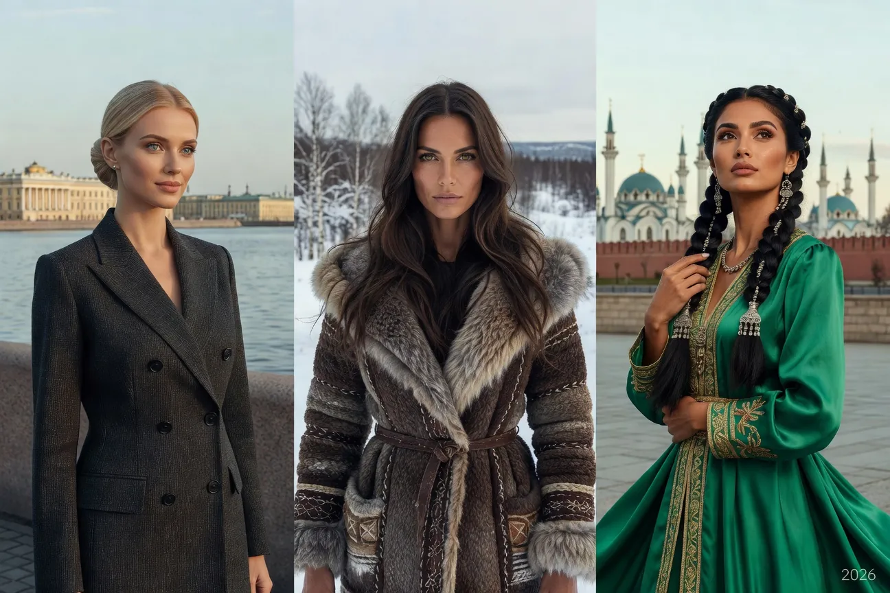 Triptyque éditorial de trois jolies femmes russes de différentes régions (Saint-Pétersbourg, Sibérie, Kazan)