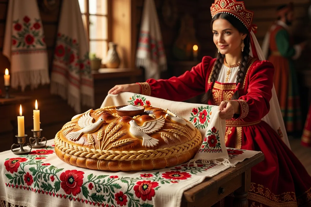 Karavai russe orné de motifs de blé et de colombes en pâte, posé sur une table de mariage traditionnelle